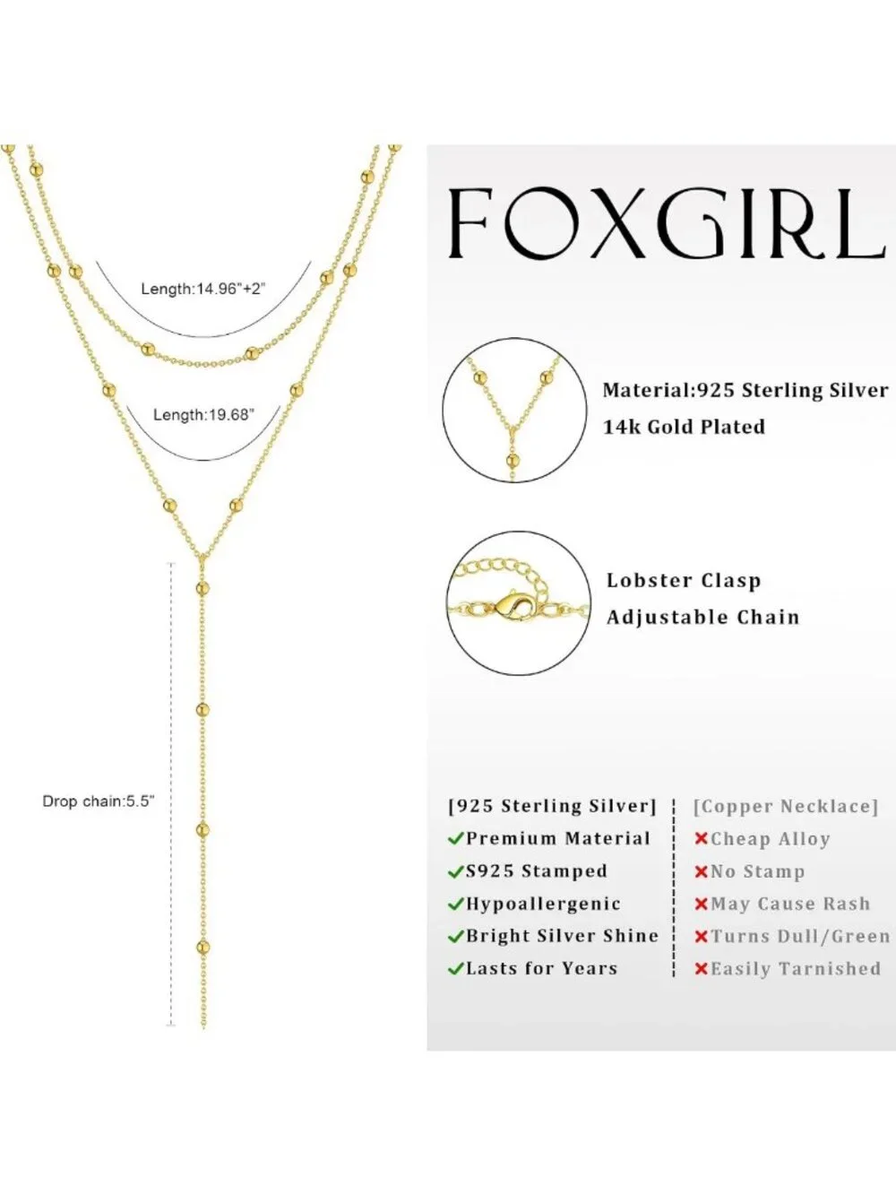 Dainty Gold Lariat Necklace for Women, Y-Shaped Pendant, Layered CZ Beaded Chain